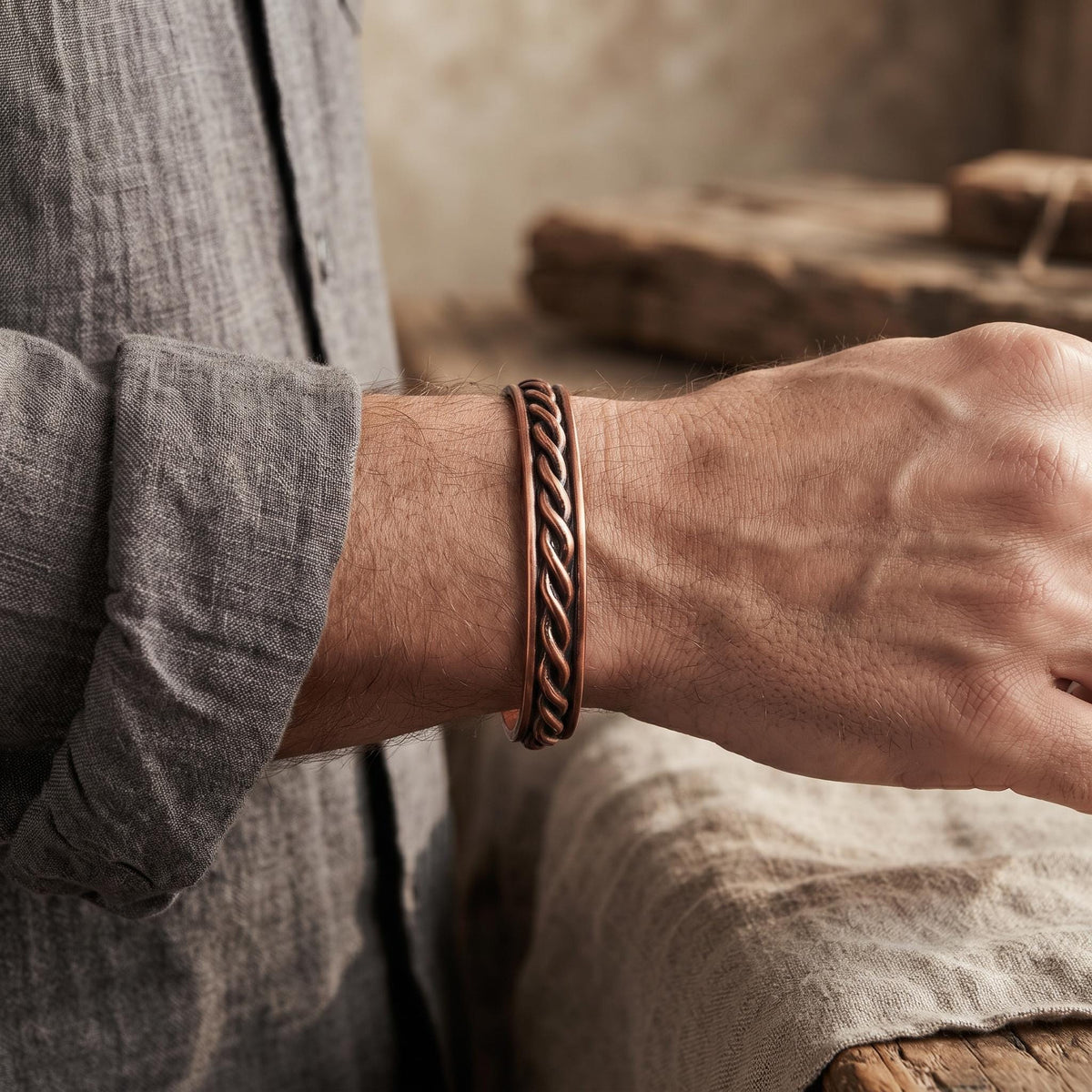 Twisted Copper Magnetic Cuff Bracelet, Adjustable, 8.5 mm — product view 5