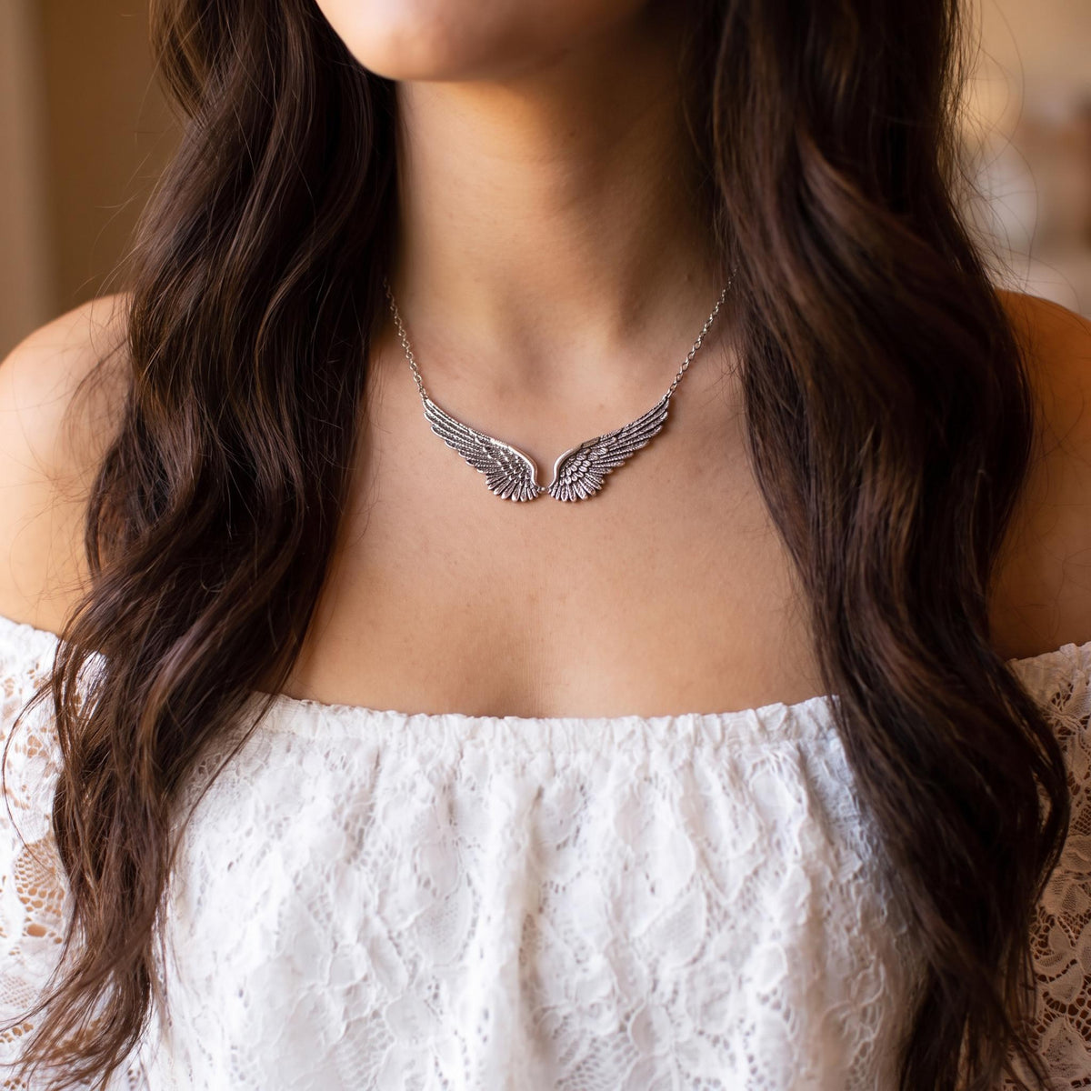 Silver-Tone Angel-Wings Necklace in Zinc Alloy — product view 2