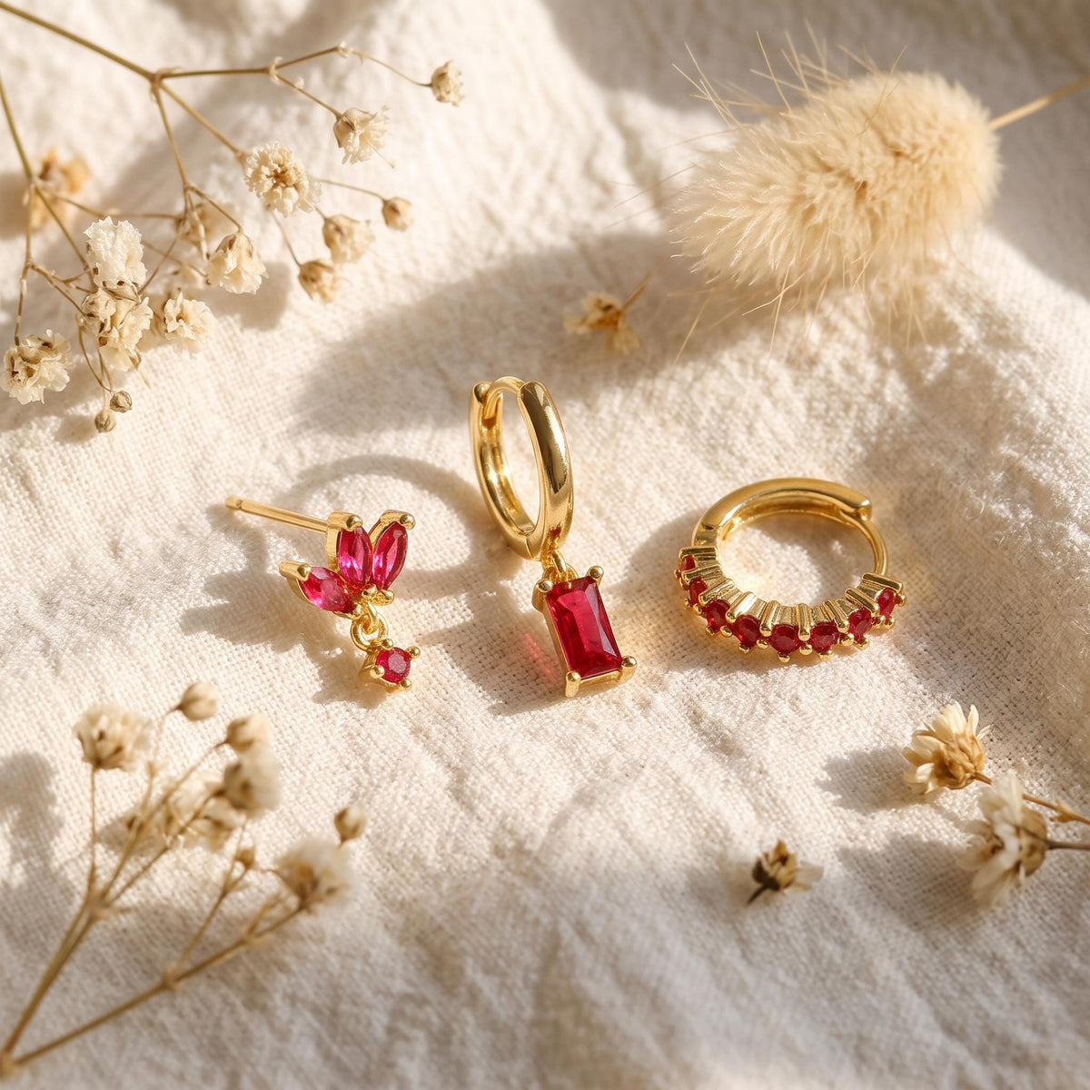Pink and Red CZ Earring Set in Stainless Steel, 3 Pieces — product view 3