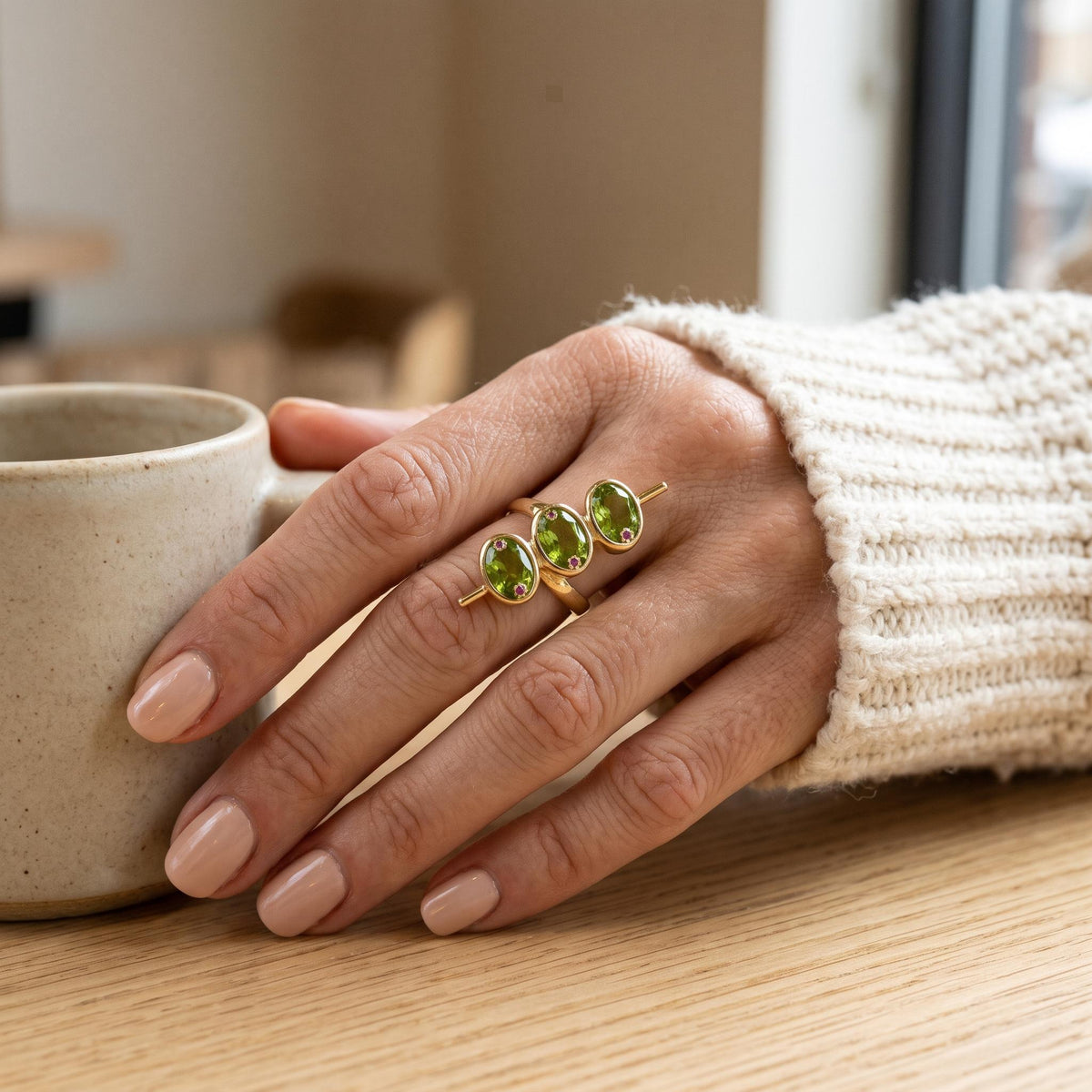 Green Zirconia Geometric Ring in Gold-Tone Zinc Alloy — product view 4