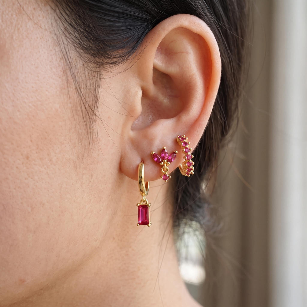 Pink and Red CZ Earring Set in Stainless Steel, 3 Pieces — product view 2