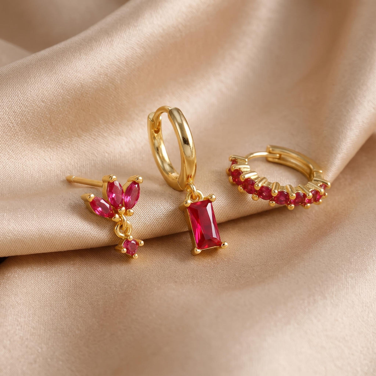 Pink and Red CZ Earring Set in Stainless Steel, 3 Pieces — product view 4