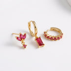 Pink and Red CZ Earring Set in Stainless Steel, 3 Pieces — product view 1