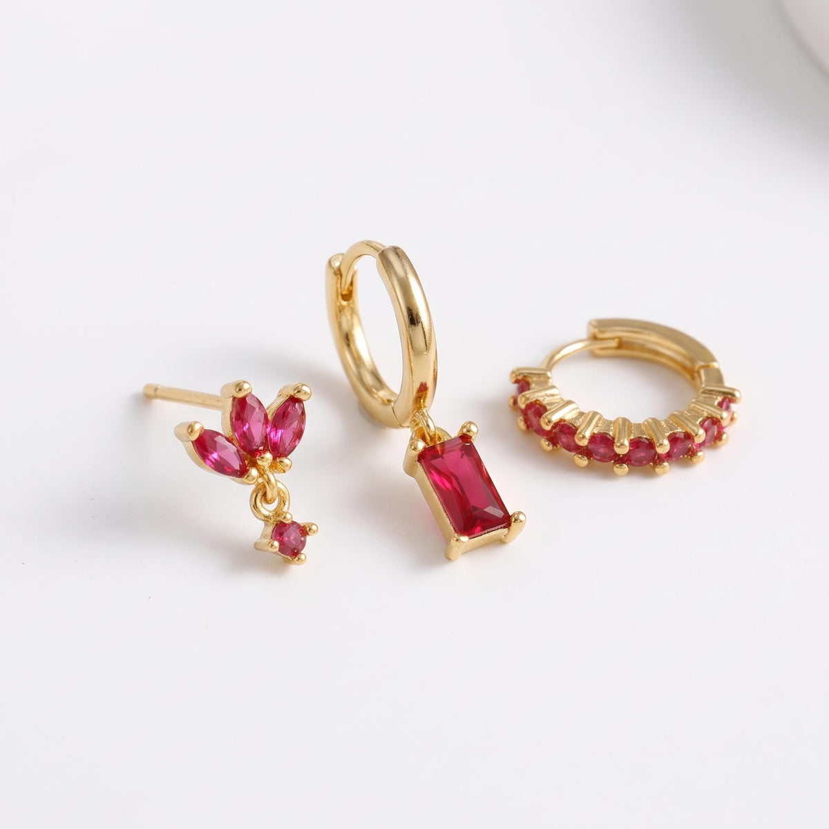 Pink and Red CZ Earring Set in Stainless Steel, 3 Pieces — product view 1